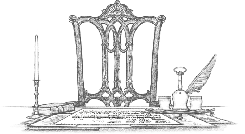 Illustration of the George Washington's Rising Sun Chair with a desk of historic books and documents.