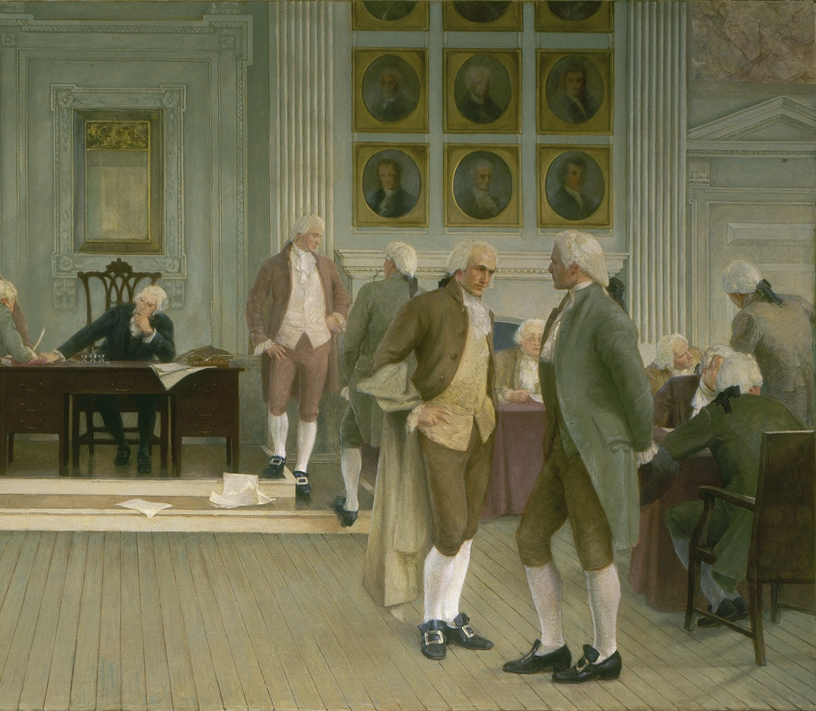 Detail of painting of the mural The Signing of the American Constitution by Albert Herter depicting James Madison and Alexander Hamilton in discussion.